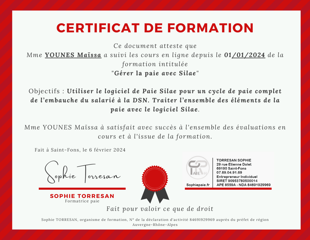 certificat de fin de formation silae